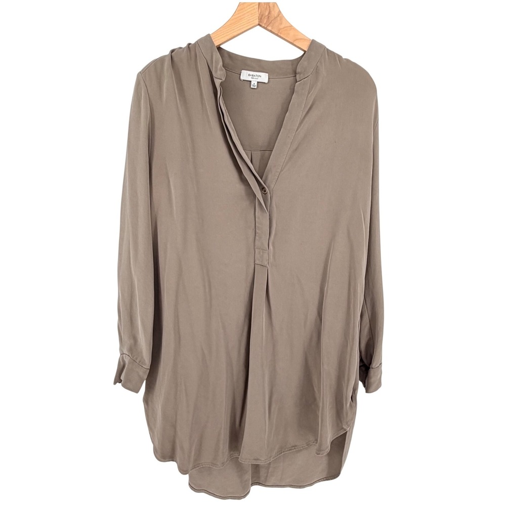 Babaton Silk Tunic Blouse M Taupe Long Sleeve V-Neck High-Low Relaxed Fit